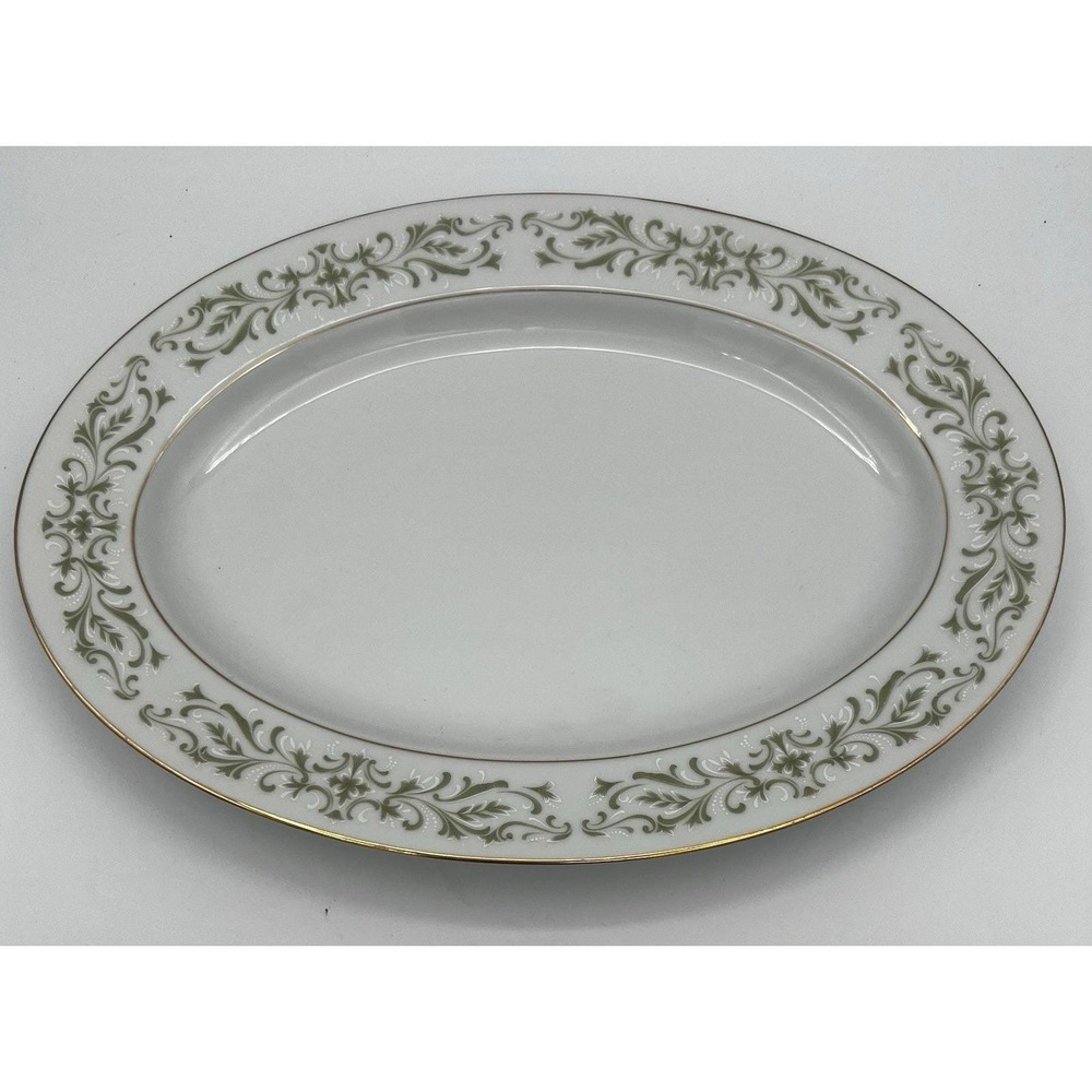 Allegro Green Pattern 12" x 9" Oval Porcelain Serving Platter Japan Vintage